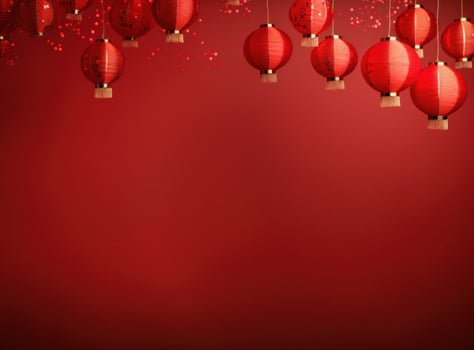 AI generated decorative lanterns hanging on red background photo