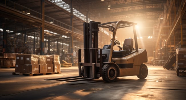 AI generated heavy lift forklift driving in warehouse with sun rays in light photo