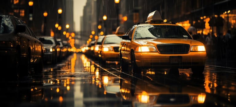 AI generated many taxi cabs parked in a dark wet city street photo