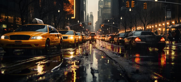 AI generated many taxi cabs parked in a dark wet city street photo