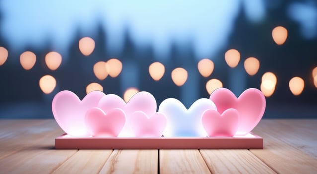 AI generated pink and blue heartshaped background wooden frame on bokeh background photo