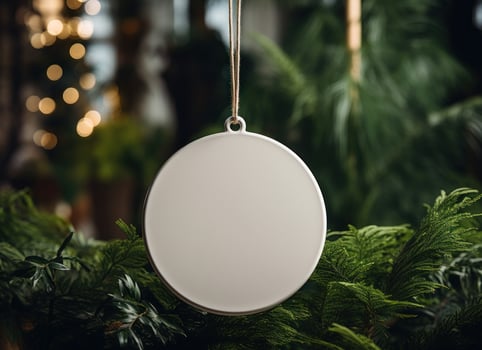 AI generated round white tag hanging on green branches photo