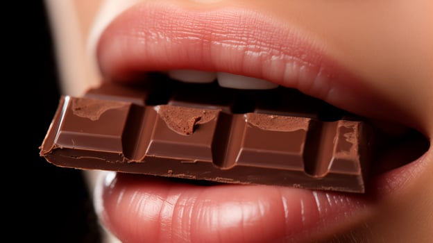 AI generated Close-up shot of woman's mouth eating chocolate photo