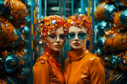 AI generated Two young girl friends in orange jackets and futuristic hairstyles and glasses. photo