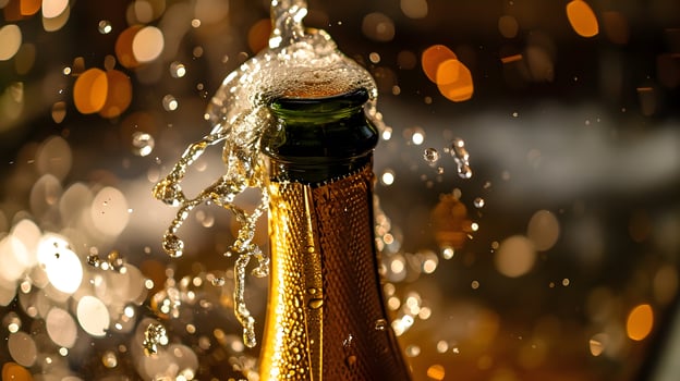AI generated Celebration theme with splashing champagne. Christmas, New Year or Valentines day background. photo