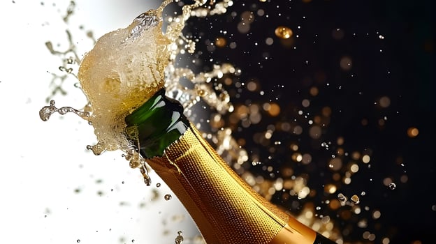 AI generated Celebration theme with splashing champagne. Christmas, New Year or Valentines day background. photo