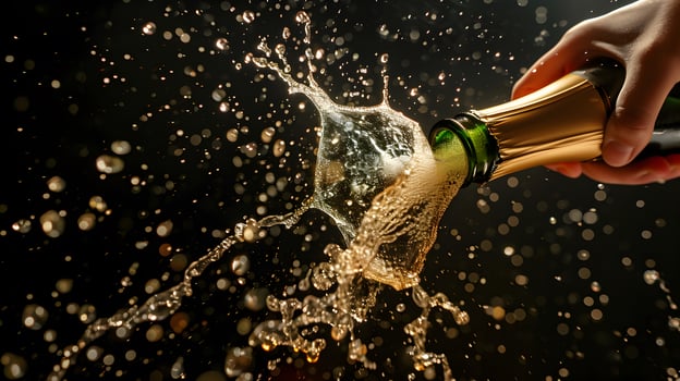 AI generated Celebration theme with splashing champagne. Christmas, New Year or Valentines day background. photo