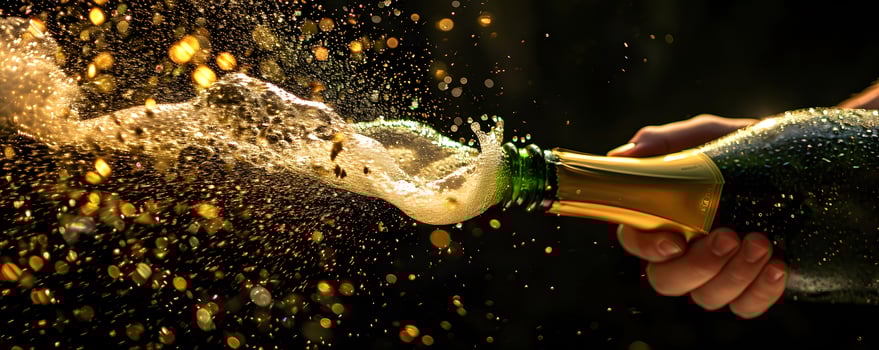 AI generated Celebration theme with splashing champagne. Christmas, New Year or Valentines day background. photo