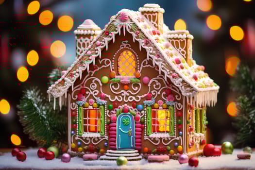 AI generated Gingerbread house in the snow with Christmas decoration on bokeh background, A Christmas gingerbread house with candy decorations, AI Generated photo