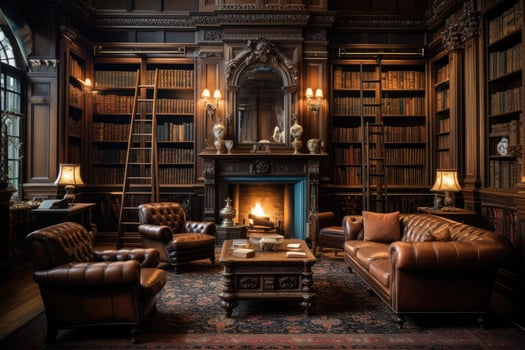 AI generated Luxury interior of the living room with a fireplace, leather armchairs and bookshelf, A classic Victorian era library with leather-bound books and wooden furniture, AI Generated photo