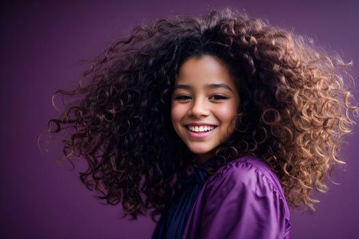 AI generated Joyful girl with curly brown hair dancing on purple background with kissing face expression photo