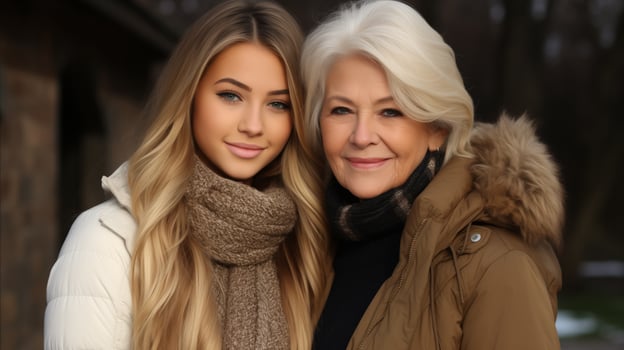 AI generated An older woman and a younger woman smiling and posing together for a photograph. Generative AI photo