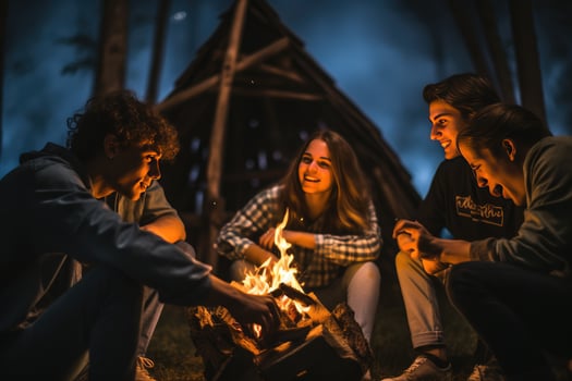 AI generated Group of young friends sitting near bonfire at night Camping concept, Young people sitting around a bonfire Ai generated photo
