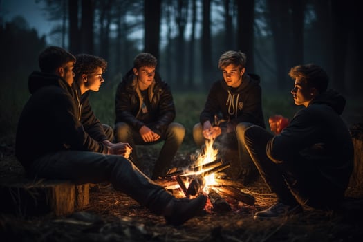 AI generated Group of young friends sitting near bonfire at night Camping concept, Young people sitting around a bonfire Ai generated photo