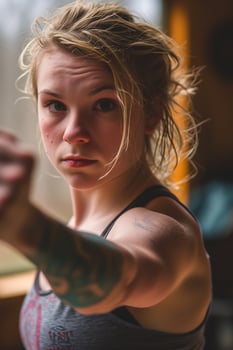 AI generated A tattooed woman clenches her fist, displaying determination and strength. Generative AI photo