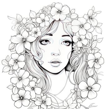 AI generated A girl on a coloring book page with Jasmine flowers. AI Generated photo