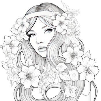 AI generated A girl on a coloring book page with Jasmine flowers. AI Generated photo