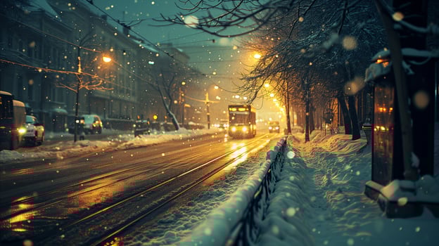 AI generated A city street at night with snow. Generative AI photo