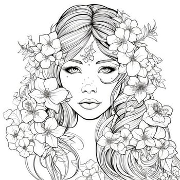 AI generated A girl on a coloring book page with Jasmine flowers. AI Generated photo