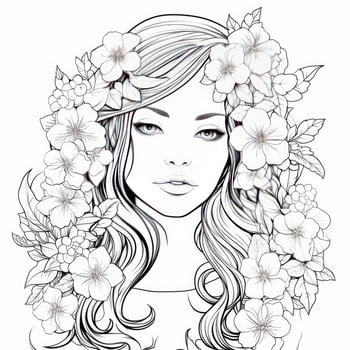 AI generated A girl on a coloring book page with Jasmine flowers. AI Generated photo