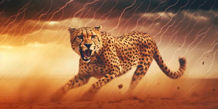AI generated A Cheetah Sprinting in the Desert with Thunderstorm Behind. Generative AI photo