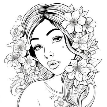 AI generated A girl on a coloring book page with Jasmine flowers. AI Generated photo