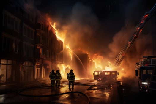 AI generated Firefighters extinguishing a fire in a building at night Ai generated photo