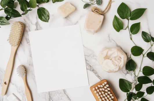 AI generated white sheet of paper on the table with soaps and brushes photo