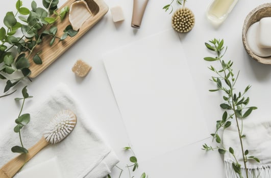 AI generated white sheet of paper on the table with soaps and brushes photo