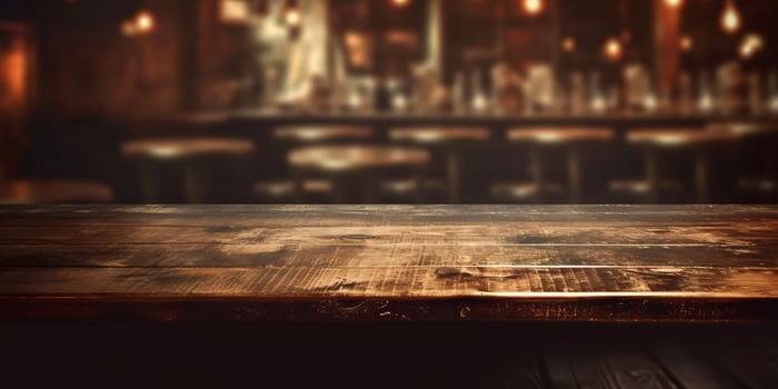 AI generated Empty Wooden Table with Bokeh Cafe Background and Golden Lights. Generative AI photo