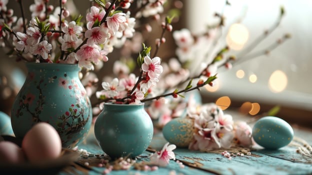 AI generated A spring holiday scene with pastel hues, decorated eggs photo