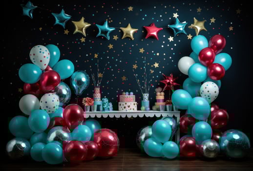 AI generated birthday party supplies and decorations, balloons photo
