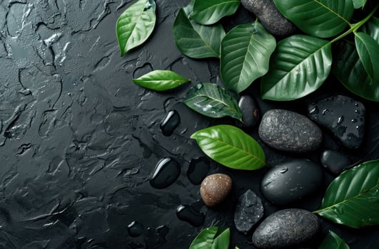 AI generated black background with green leaves and stones photo