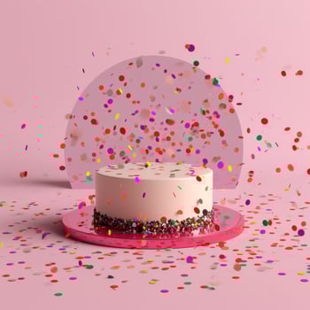 AI generated circular cake on pink background with colorful confetti photo