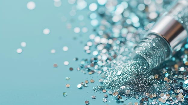 AI generated Spilled silver glitter from a nail polish bottle on blue photo