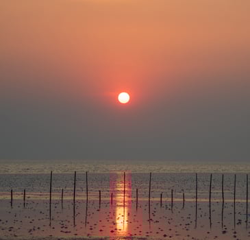 Vertical front viewpoint landscape travel summer sea wind wave cool holiday calm coastal big sunset sky light orange golden Nature tropical Beautiful evening day At Bangpoo, Samut Prakan Thailand photo