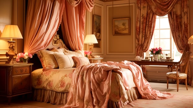 AI generated Bedroom decor, interior design and autumnal home decor, bed with silk satin bedding, bespoke furniture and autumn decoration, English country house, holiday rental and cottage style photo