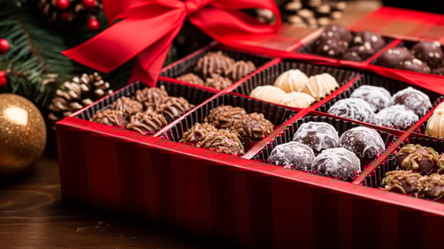 Christmas present, holidays and celebration, box of chocolate pralines, winter holiday gift photo