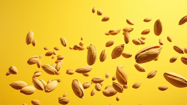 AI generated Almond nuts on the yellow background AI Generative photo