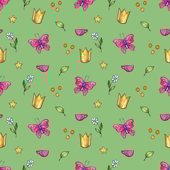 Seamless abstract pattern with crowns, butterflies, flowers and stars. Creative childish pattern. Great for fabric, textile Illustration photo