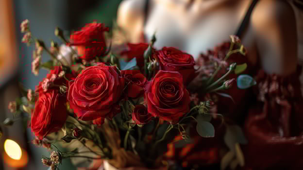 AI generated Woman Holding a Wrapped Bouquet of Roses on Valentine's Day photo