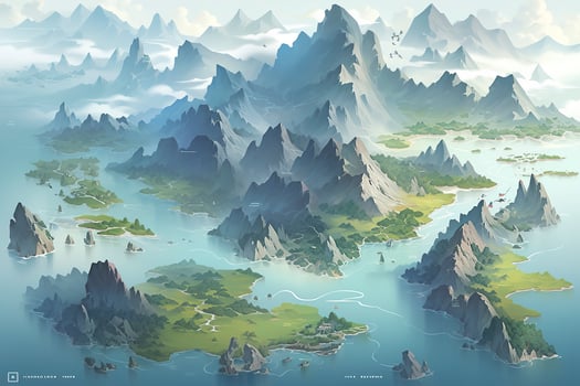 AI generated Chinese landscape map, distant mountains, clear rivers, ancient buildings, ships, birds, clouds and mist, brilliant light, AI Generative photo
