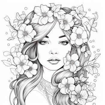 AI generated A girl on a coloring book page with Jasmine flowers. AI Generated photo