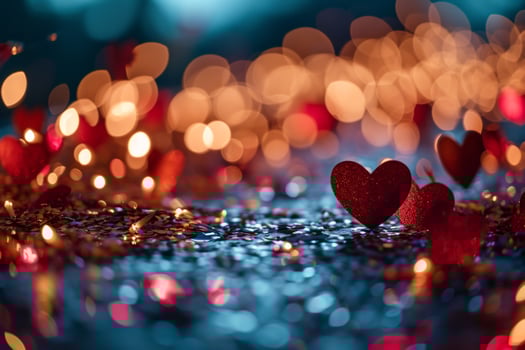 AI generated A love background featuring floating paper hearts and confetti in a dreamy, bokeh-lit setting, perfect for romantic celebrations or Valentine's Day themes photo