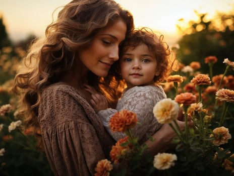 AI generated Tender mom lovingly holding her baby outdoors , surrounded by blooming flowers and a warm sunset glow photo