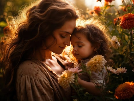 AI generated Tender mom lovingly holding her baby outdoors , surrounded by blooming flowers and a warm sunset glow photo