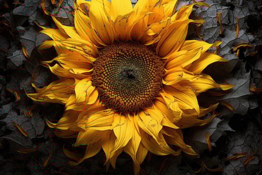 AI generated Close up of sunflower with water droplets on petals, A coarse and choppy texture of a sunflowers center, AI Generated photo