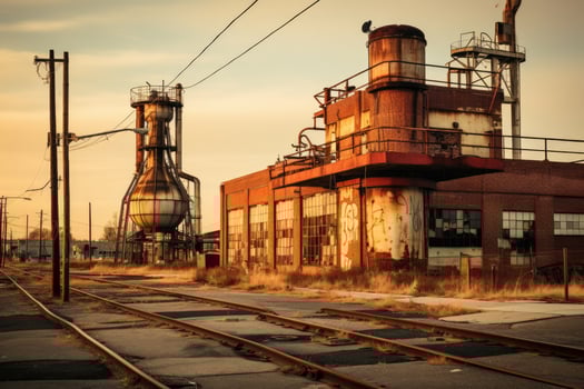 AI generated Industrial landscape with old abandoned factory in the evening. Toned, A contrast of industrial and vintage architecture, AI Generated photo