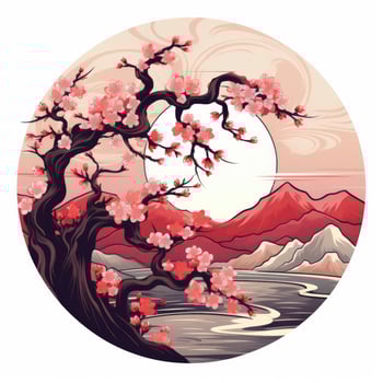 AI generated Cherry blossoms in the sunset background. Japanese tattoo style. AI Generated photo
