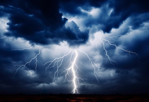 AI generated Lightning strikes on a cloudy dramatic stormy sky. AI Generated photo